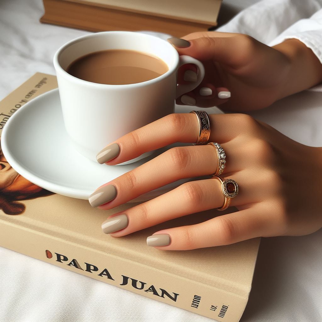 Minimalist nail aesthetic featuring a soft neutral manicure with delicate gold rings resting on a book, representing refined beauty and sophisticated self-care rituals.