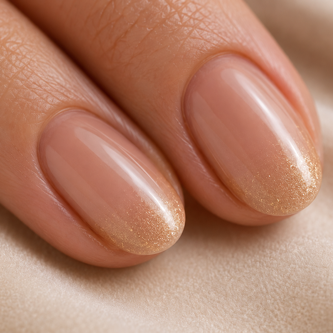 Macro shot of minimalist nude nails with a delicate, ultra-fine shimmer on the tips, embodying a subtle and sophisticated aesthetic.