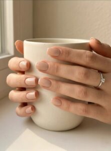 Simple, elegant nude-colored nails, hands holding a relaxing coffee cup in the gentle morning sunlight.