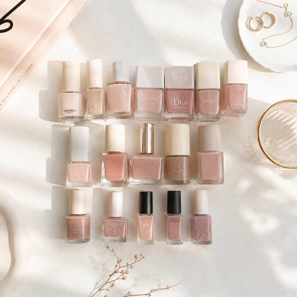 Collection of nude and sheer nail polish bottles to help you keep nails looking fresh between salon visits with a quiet luxury aesthetic.