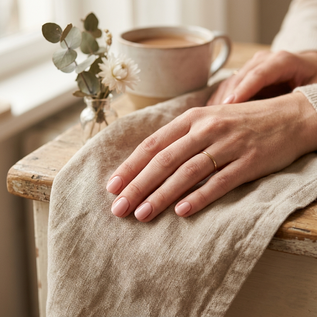 Elegant short clean nails in a classic ballet slipper pink shade, captured in a warm, morning light setting.