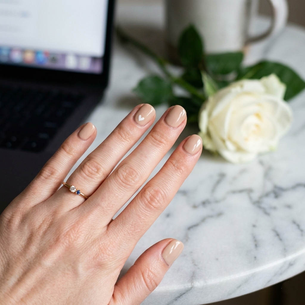 Short clean nails with a velvety matte nude finish and an ultra-fine, delicate frosted white tip detail, resting on a white marble surface.