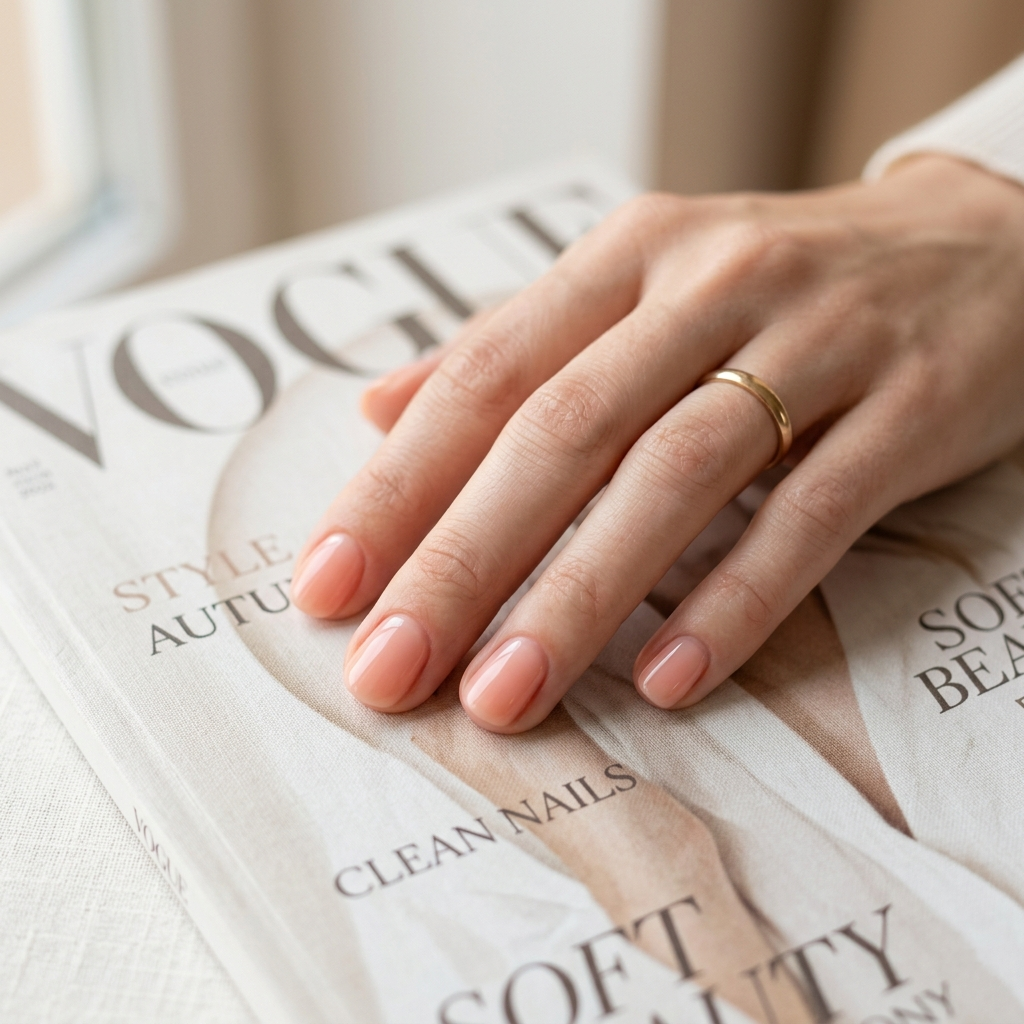 Short clean nails with a soft peachy tint resting gracefully on a fashion magazine, embodying an effortless aesthetic.