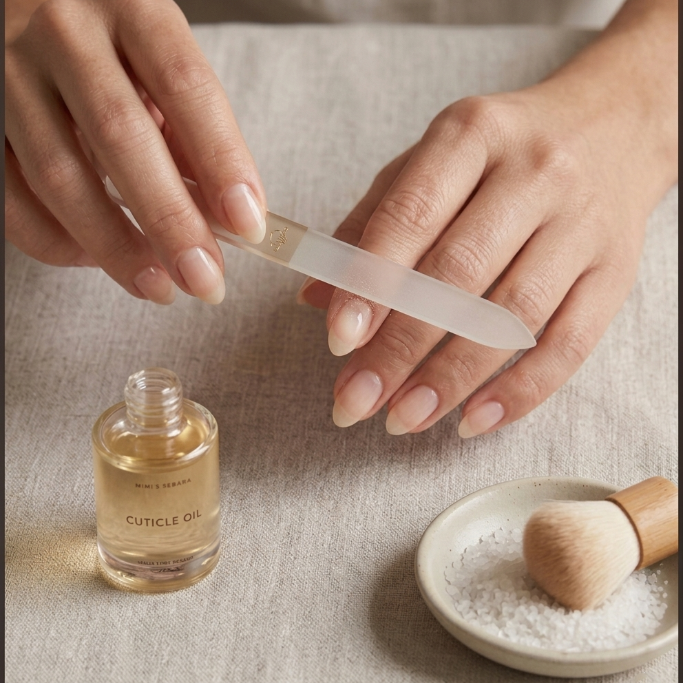 A close-up shot of a minimalist nail care ritual, showing hands gently shaping nails with a glass file on a neutral linen background