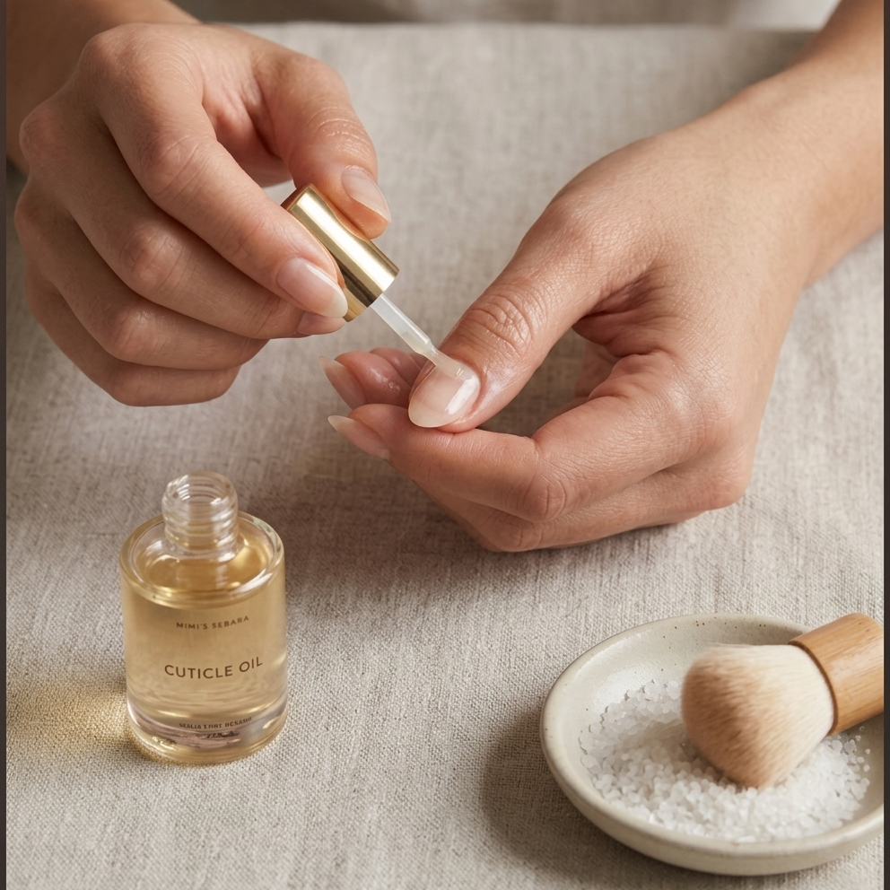 Applying nourishing oil during a minimalist nail care routine to hydrate the cuticles and restore nail health.