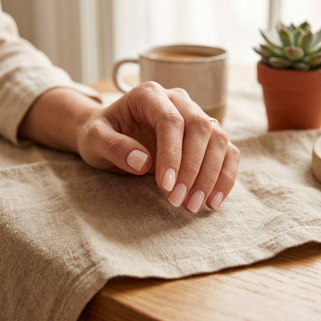 A pair of short clean nails featuring a sheer milky white polish, creating a polished and minimalist look on a linen background.