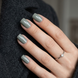 muted sage gray glossy nails with cozy minimalist winter aesthetic