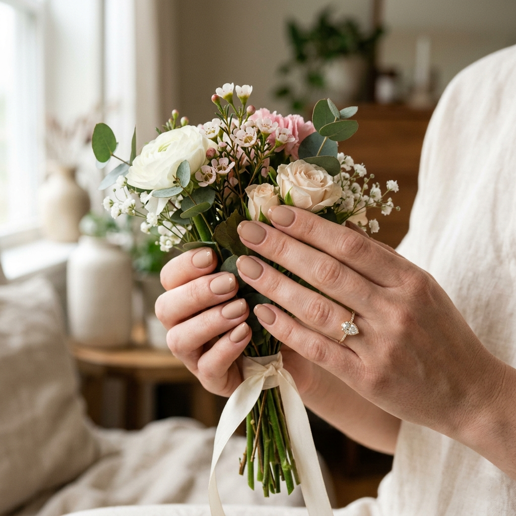 A detailed close-up of short clean nails with a mix of velvety matte and high-gloss nude finishes, holding a delicate white flower bouquet.