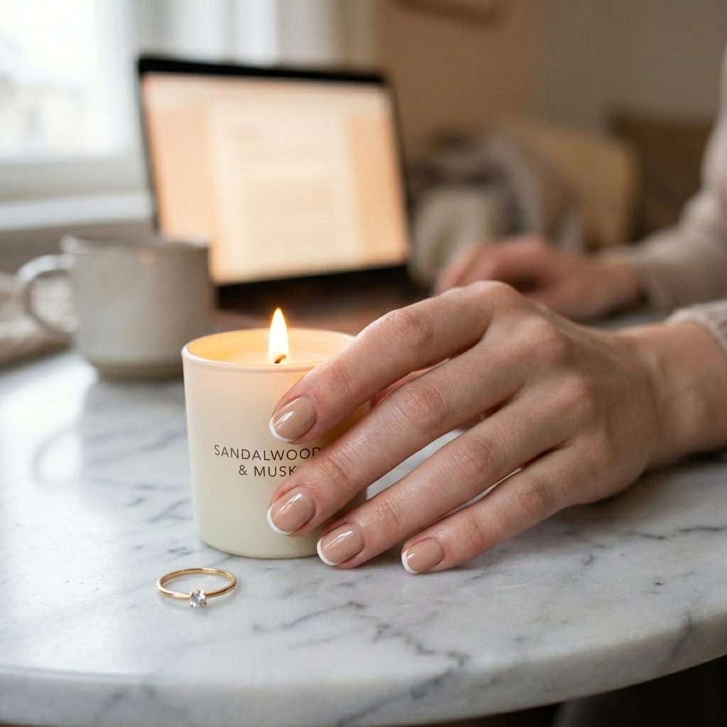 An ultra-thin micro-French tip detail on short clean nails, featuring a clear base with precision white lines, paired with a lit candle and tea.