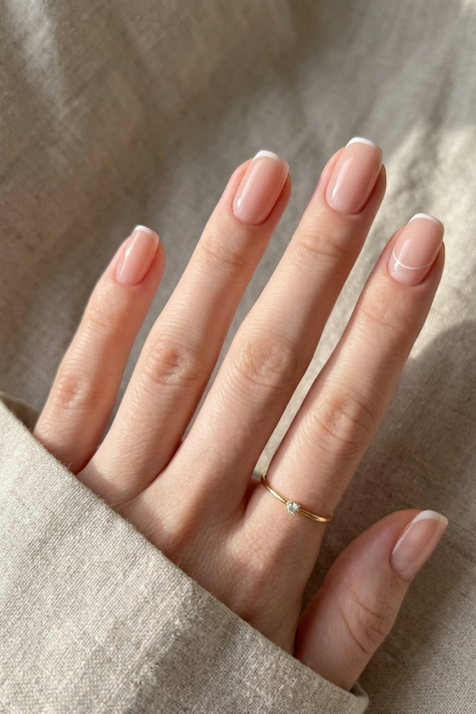 Elegant and sophisticated French manicure nails in Sheer Pink Gel, with a warm, window-like sheen, are perfect for girls who love soft pink nails.