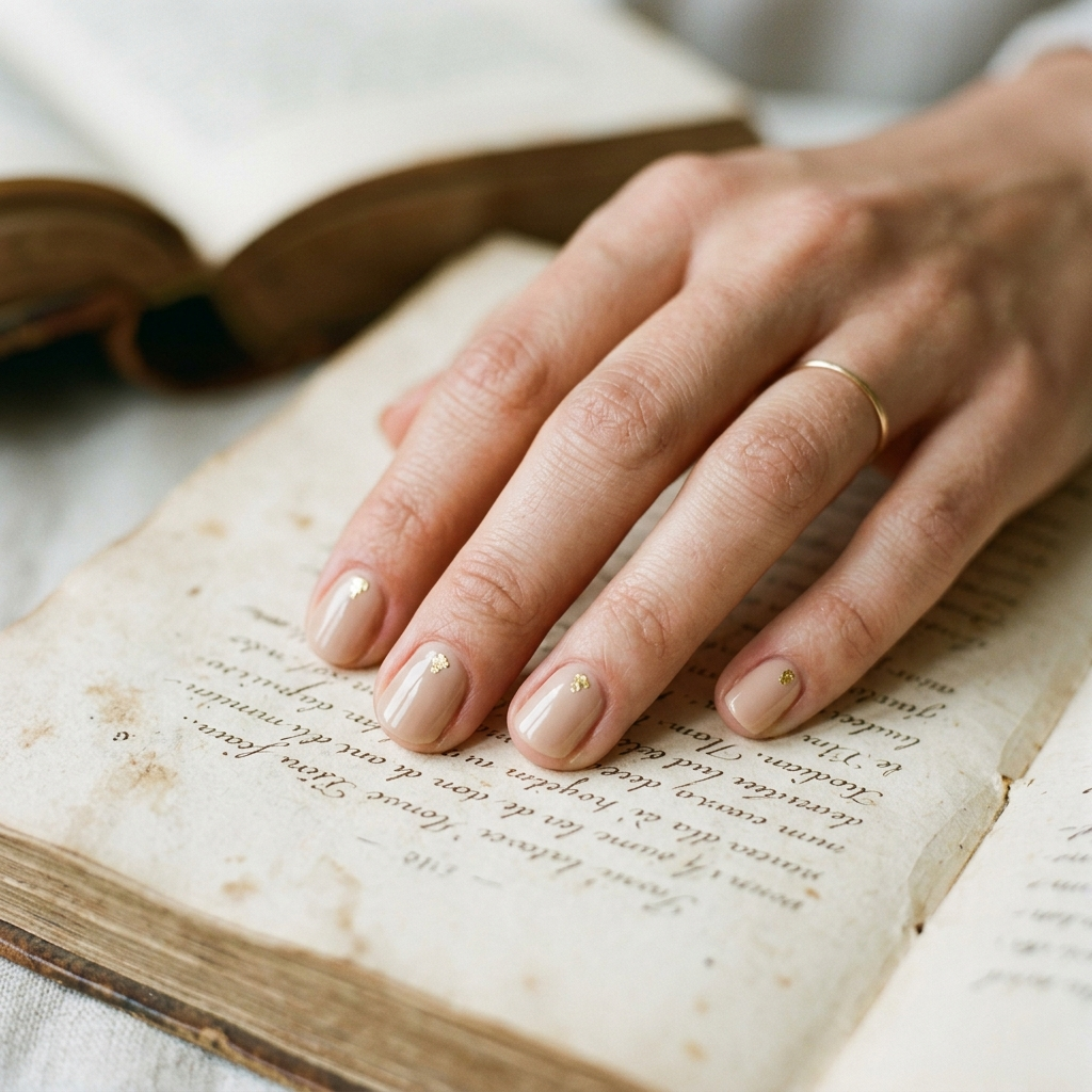 A flat lay image showing short clean nails with a sheer nude base and a single, elegant gold dot placed near the cuticle of each nail, set on antique book pages.