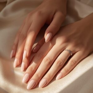 Nude pink almond nails, a hand adorned with a simple yet elegant wedding ring, bathed in the afternoon sunlight streaming in through the window.