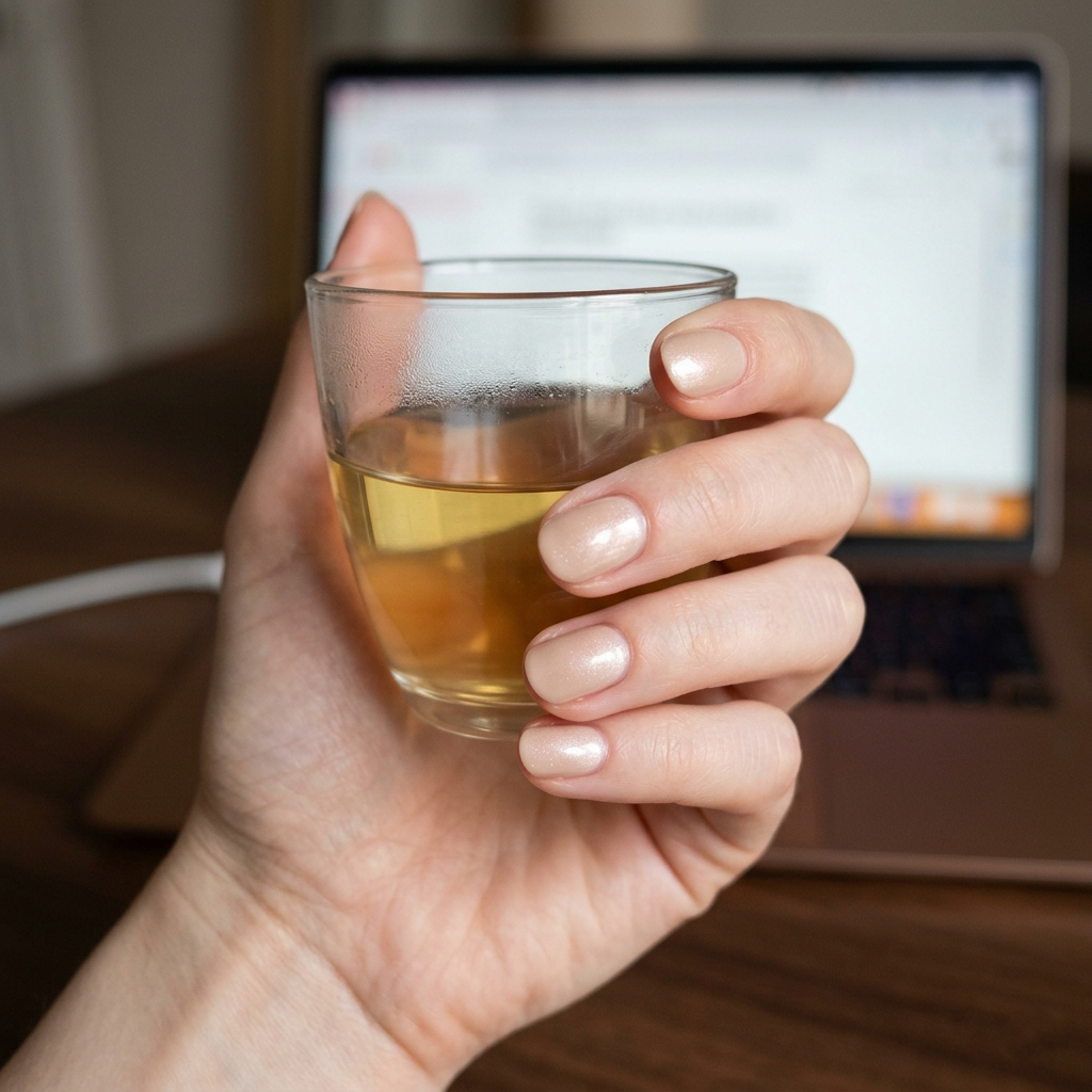 A view of short clean nails featuring a luminous soft pearl dust shimmer finish, holding a glass cup with clear liquid against a computer screen backdrop.