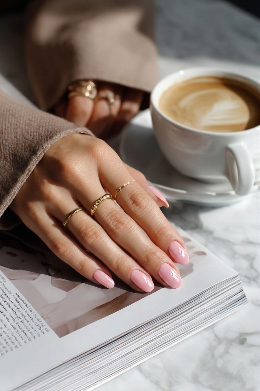 Simple yet sophisticated glossy pink almond nails sit beside a morning cup of coffee, bathed in soft, natural light.