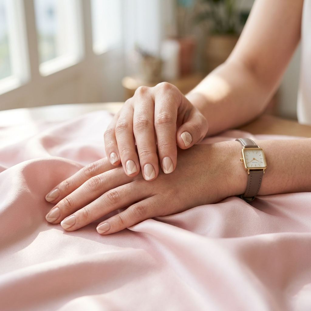 A modern geometric twist on the classic manicure with short clean nails styled in a soft V-tip design, wearing a vintage-style leather watch.