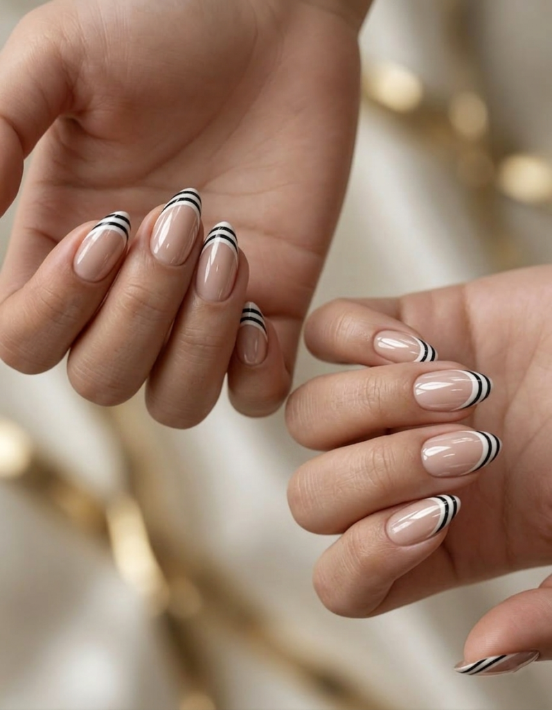 striped graphic french nail design minimalist style