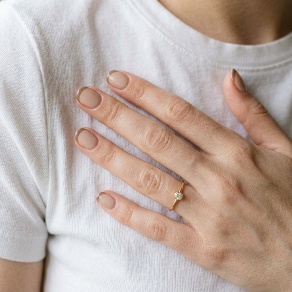 Chic short clean nails showcasing a refined taupe French tip design, styled against a crisp white shirt for an effortlessly polished finish.