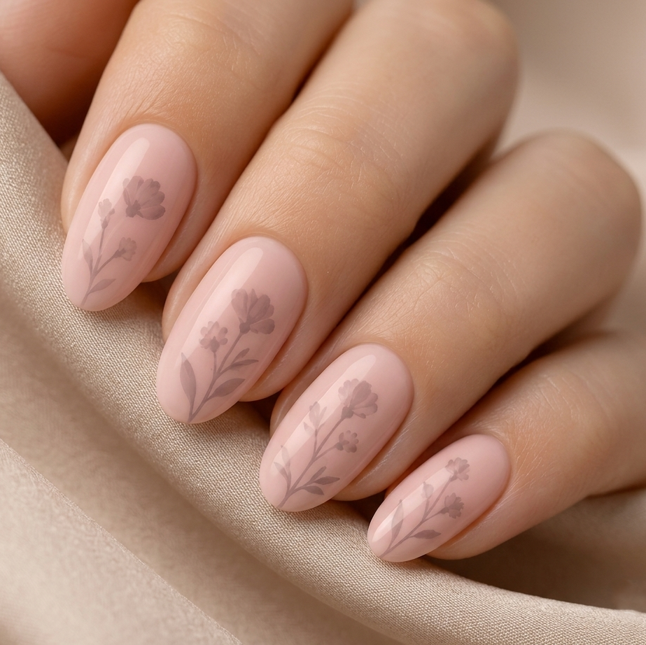 Elegant botanical flower silhouette design on a soft pink nail base.