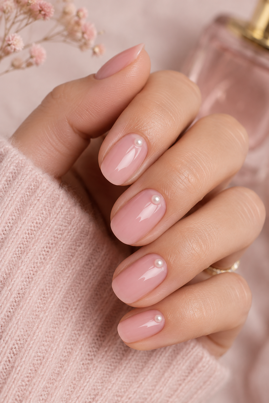 A minimalist cuticle pearl accent on a soft pink nail, adding a refined touch of feminine elegance.