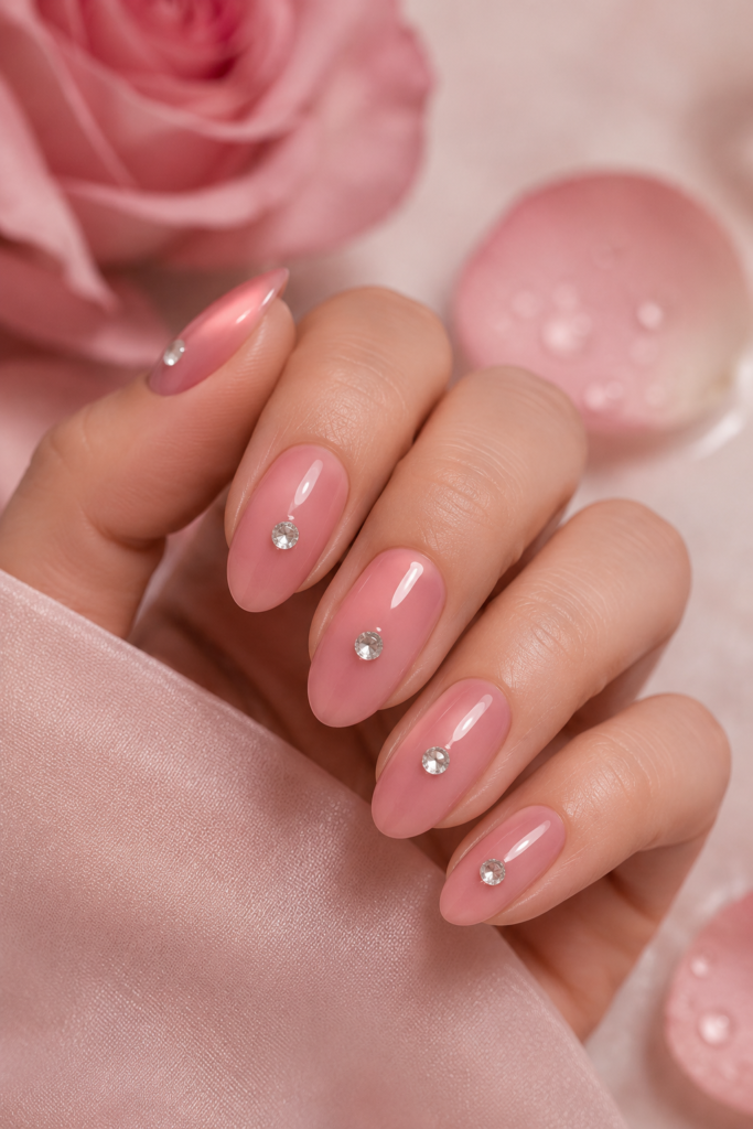 A single dewdrop diamond accent on a soft pink nail, capturing the light with elegant simplicity.