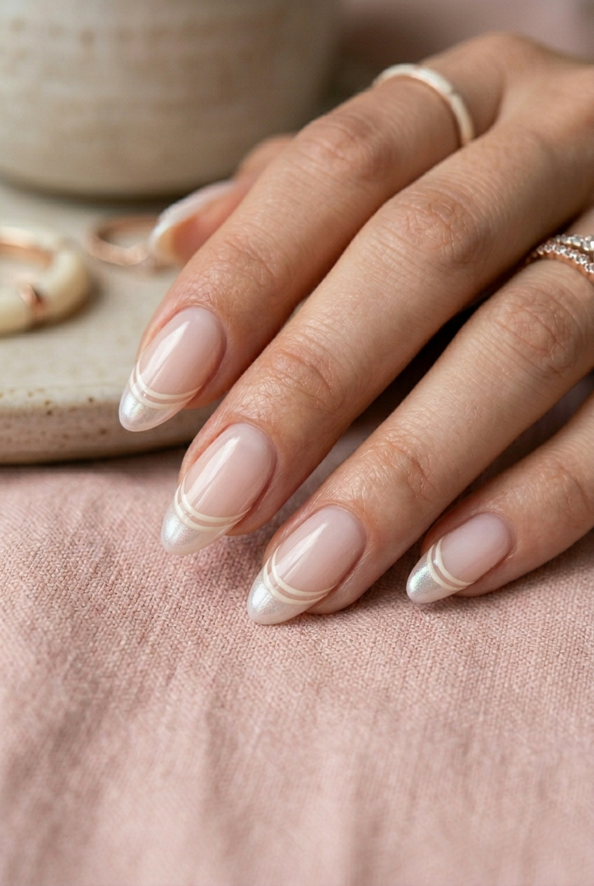 Sophisticated double-line nail art on a sheer base, a modern take on the classic French soft pink nail.