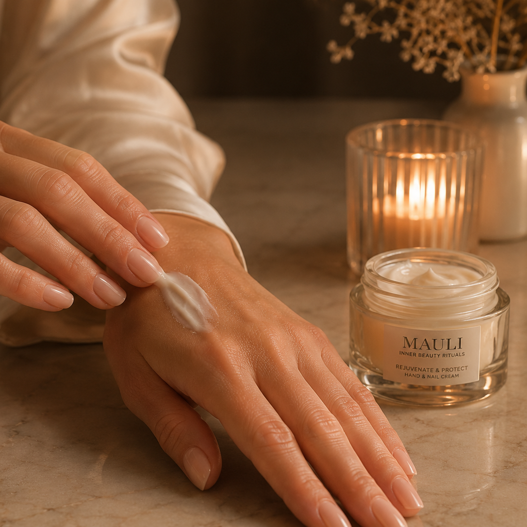 A soft focus image of a woman applying luxurious hand cream, emphasizing a self-care ritual for soft and elegant skin.