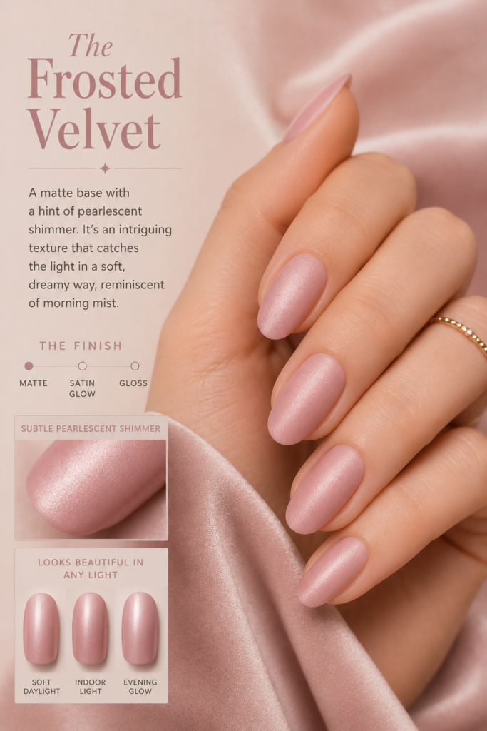 Frosted velvet finish on a soft pink nail, offering a dreamy and ethereal pearlescent glow.