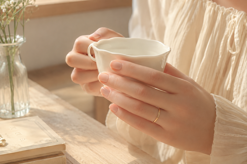 Close-up of hands with short clean nails holding a delicate teacup, embodying an effortless and chic aesthetic.