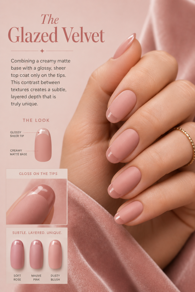 The Glazed Velvet soft pink nail design featuring a delicate contrast between matte base and glossy tips.