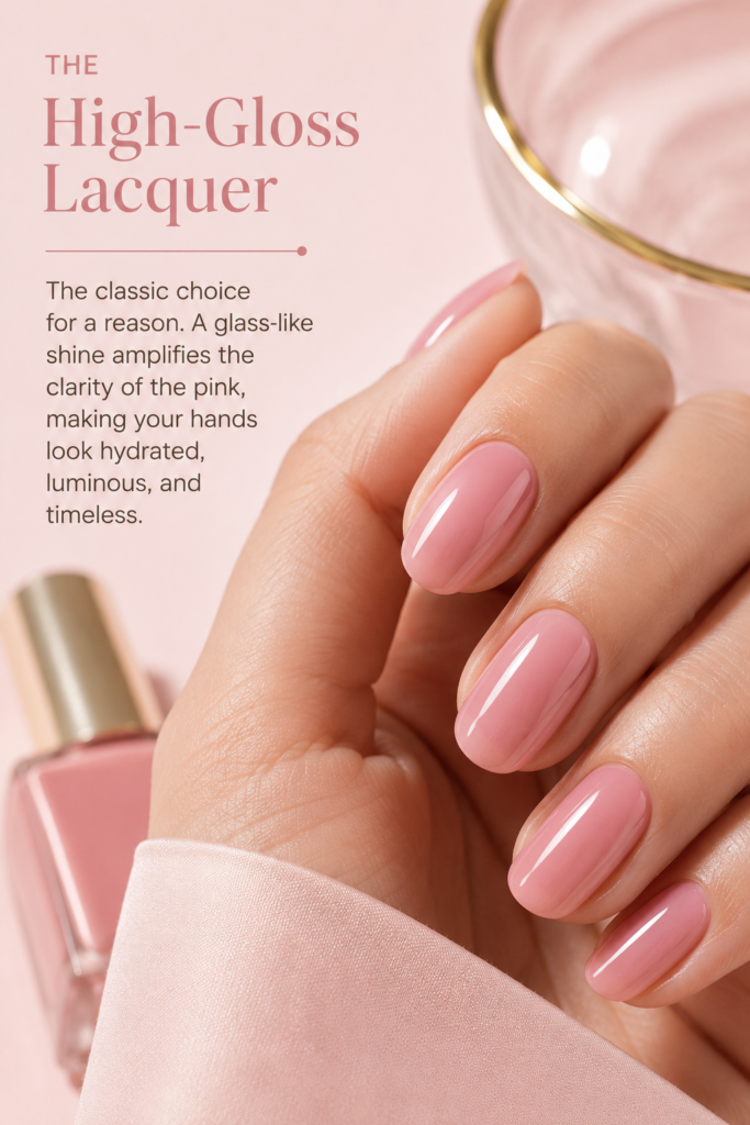 Classic high-gloss lacquer on a soft pink nail, providing a timeless, luminous, and hydrated finish.