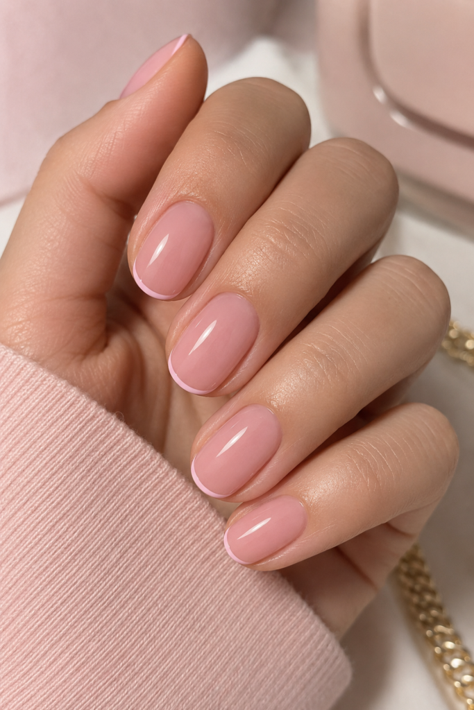 Ultra-thin micro-French tips on a natural base, the ultimate minimalist soft pink nail style.