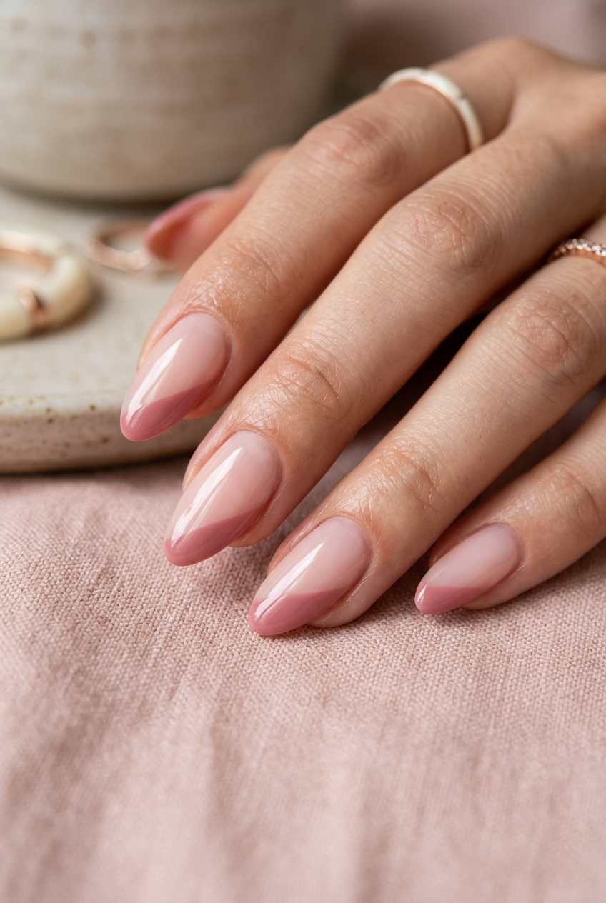 Chic minimalist diagonal French tip design on soft pink nail polish for a contemporary look.