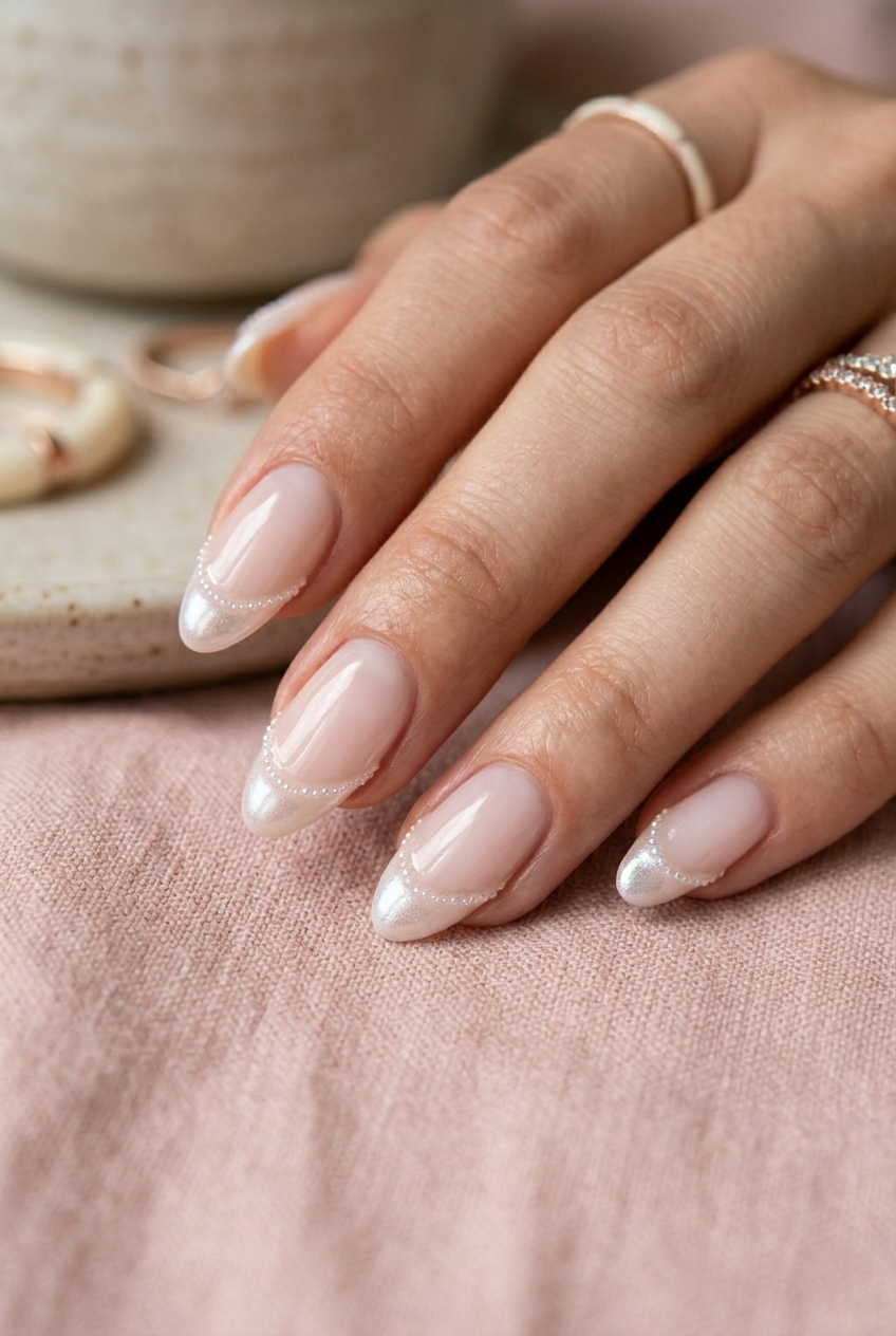 Elegant pearl-lined nail tips adding a touch of quiet luxury to your manicure.
