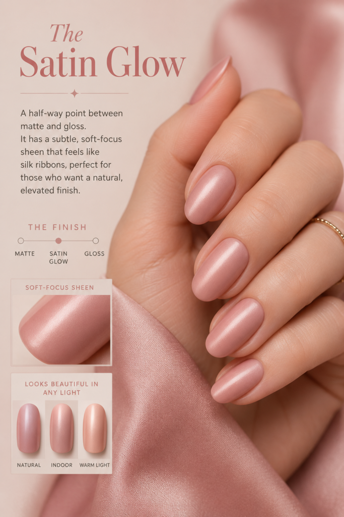 Elegant satin glow finish, a refined soft pink nail look that mimics the texture of silk ribbons.