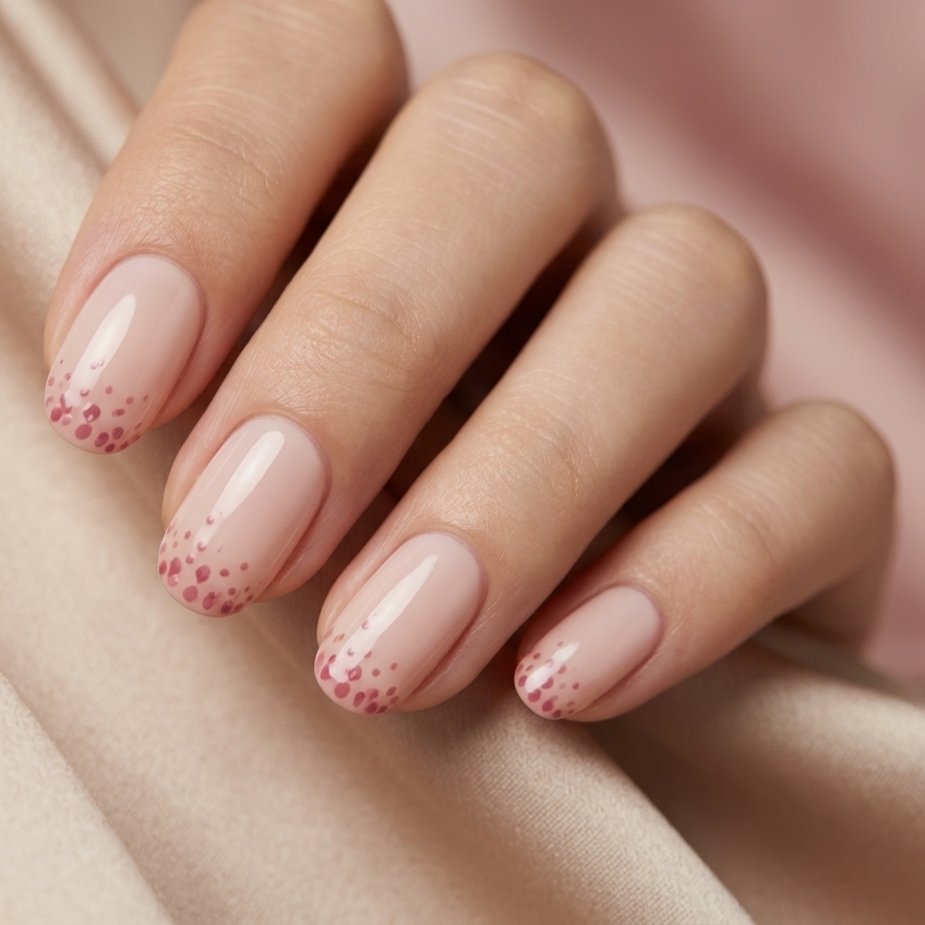 Soft pink nail art featuring delicate scattered floral buds near the cuticle for a romantic look.