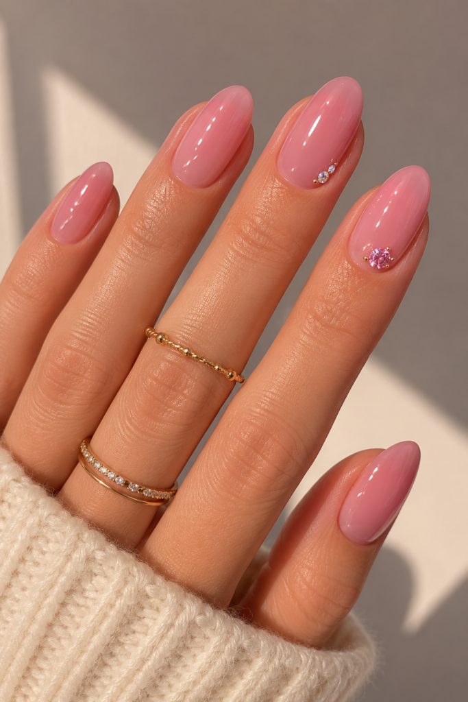 A stardust scatter of micro-crystals over a sheer pink base, bringing a romantic glow to your soft pink nail look.