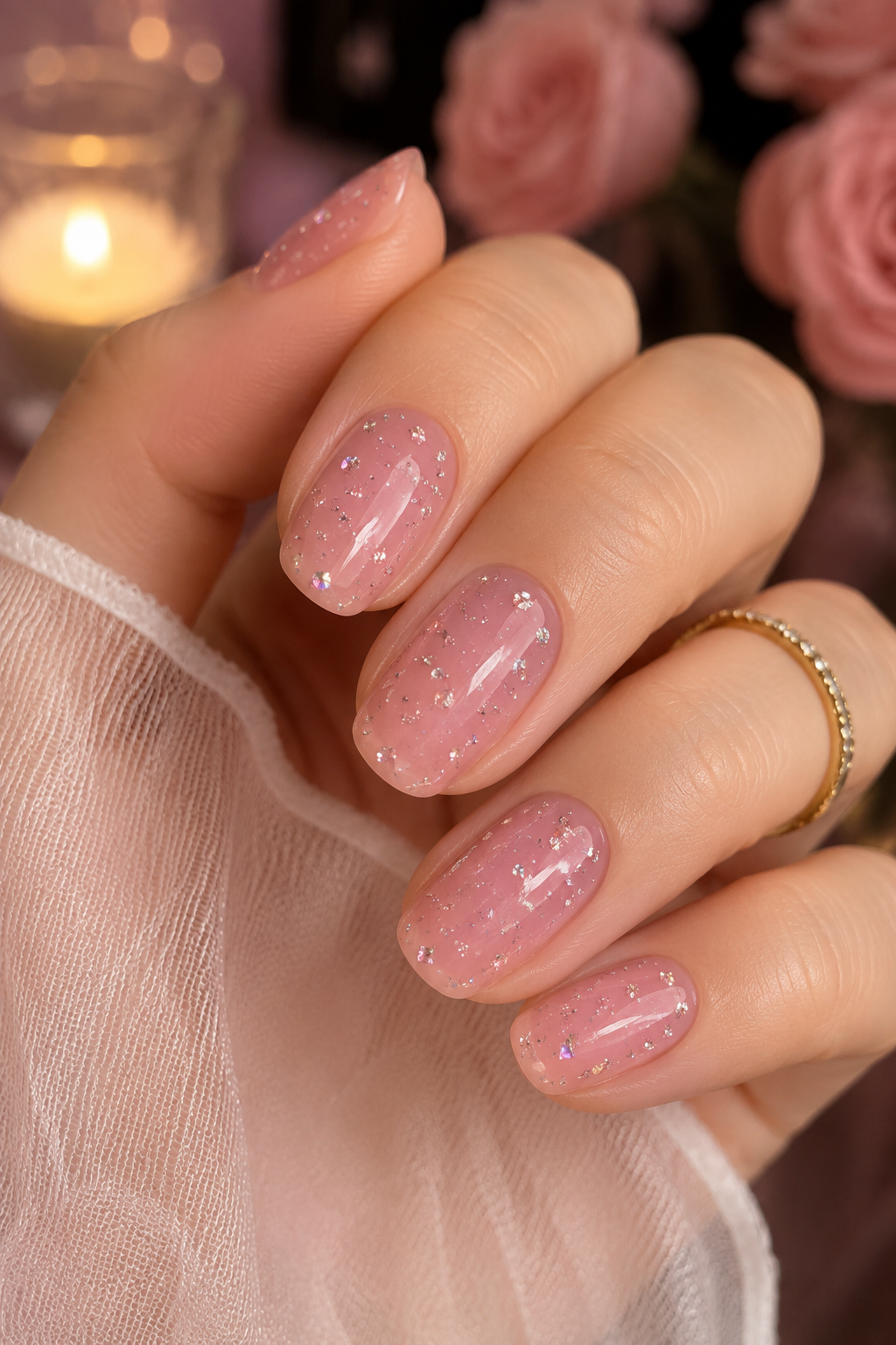 A stardust scatter of micro-crystals over a sheer pink base, bringing a romantic glow to your soft pink nail look.