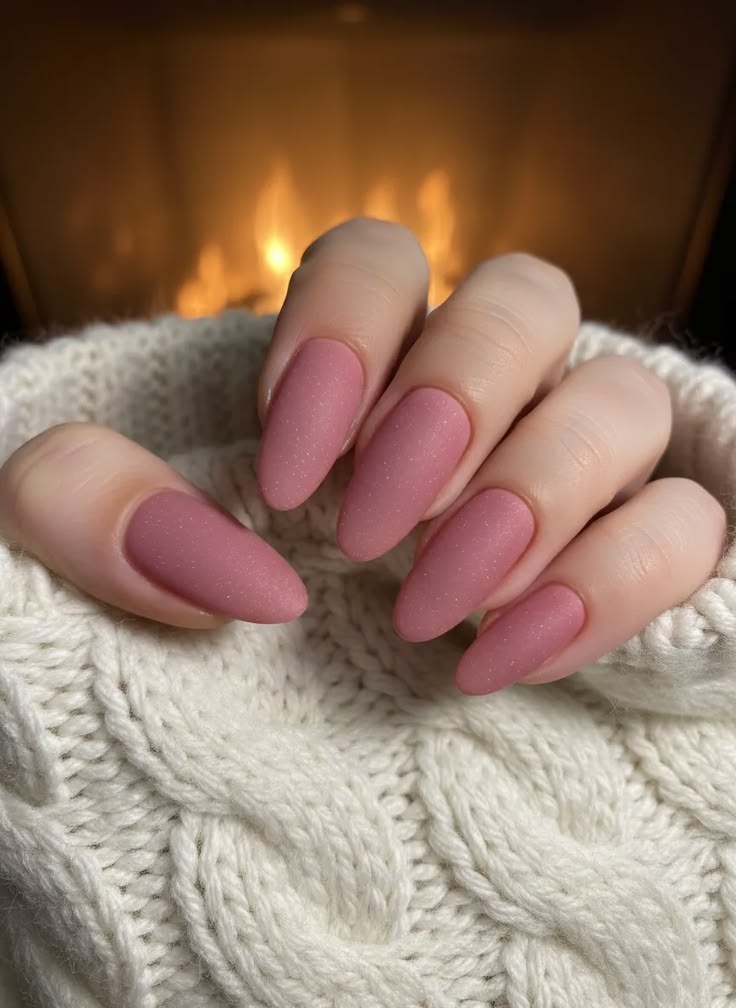 Sophisticated velvet matte finish on a soft pink nail, perfect for a cozy, tactile quiet luxury aesthetic.