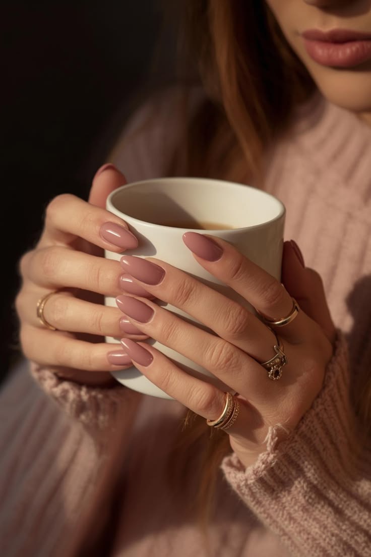 A close-up aesthetic shot of a woman with a clean, neutral-toned minimalist manicure holding a warm coffee cup, conveying a quiet morning ritual and refined beauty.