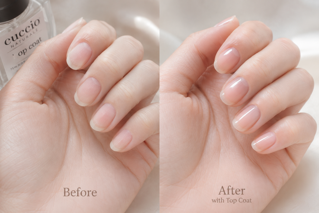 Before and after comparison showing how a quality top coat helps keep your nails looking fresh between salon visits with added shine.