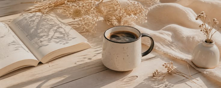 A warm, sunlit scene embodying a quiet luxury nail aesthetic with a book and coffee, reflecting a peaceful self-care routine.
