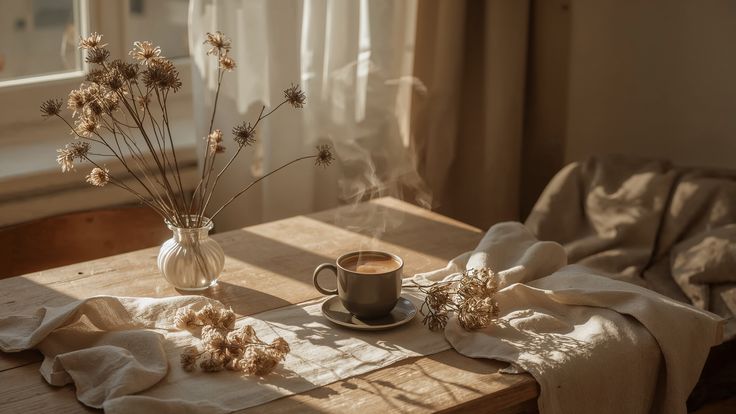 A warm, sunlit room with peaceful, relaxing brown tones, a cup of hot coffee and flowers – enjoying a tranquil day.
