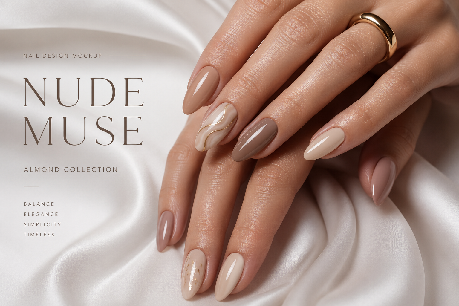 Close-up of hands featuring elegant almond nails in sophisticated nude shades resting on silk fabric.