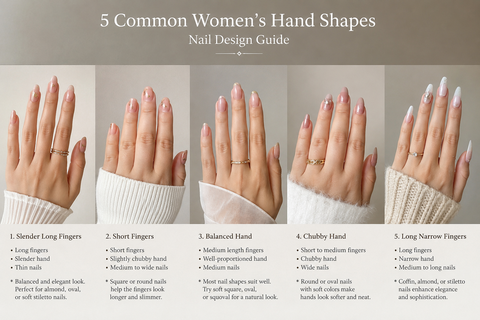 Best Nail Shape chart comparing five common women's hand shapes and the most flattering nail shapes.
