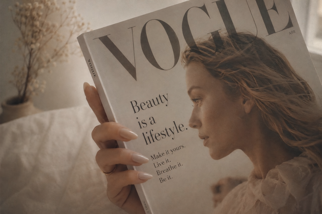 A woman reading a fashion magazine featuring beautiful nail art, embodying a refined and graceful beauty lifestyle.