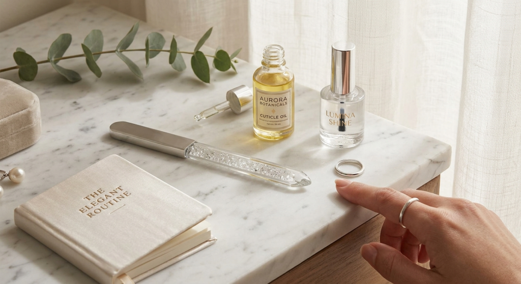 A curated collection of minimalist nail care essentials displayed on a marble vanity for a quiet luxury aesthetic.