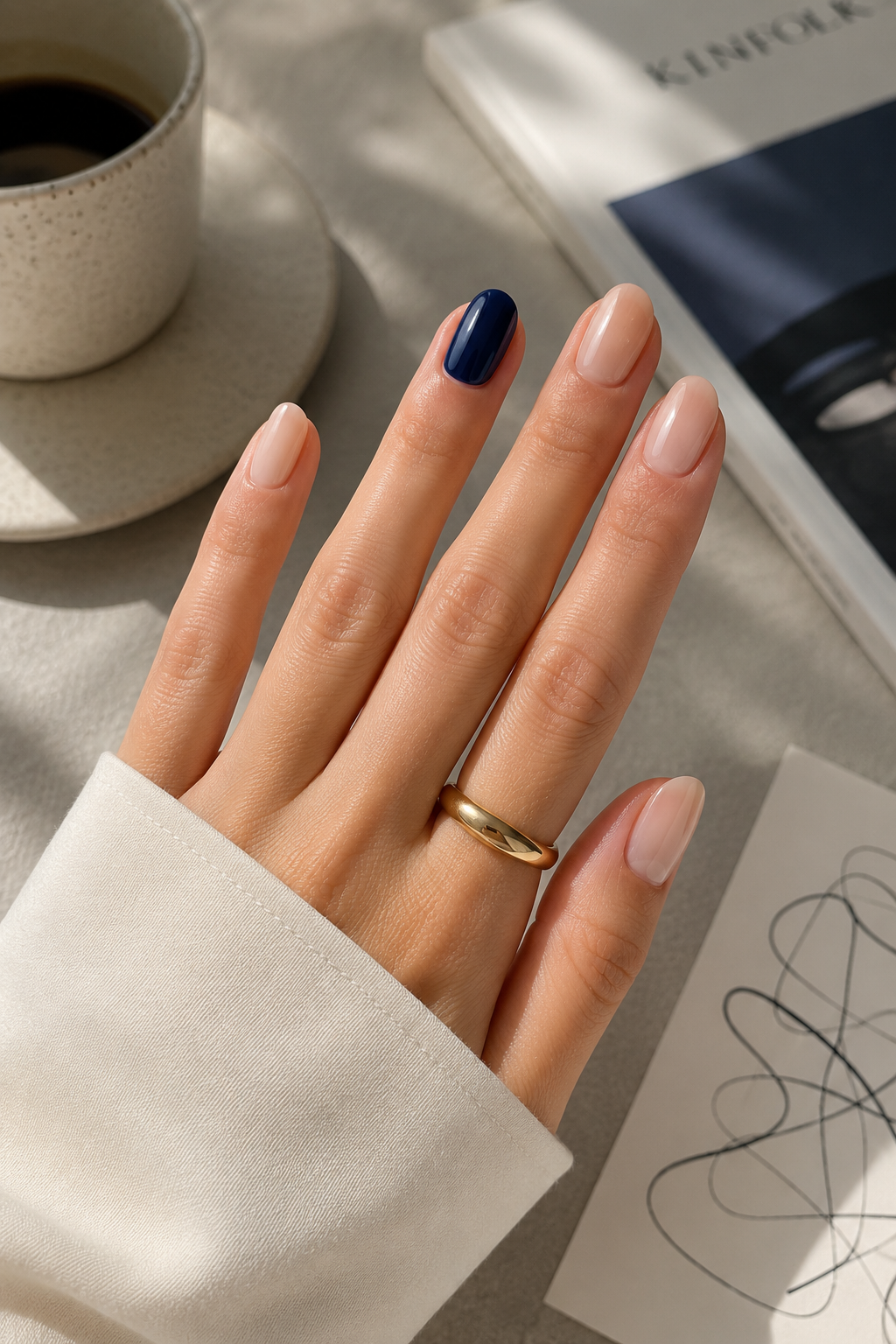 Professional nail ideas featuring a minimalist nude manicure with a single navy accent nail.