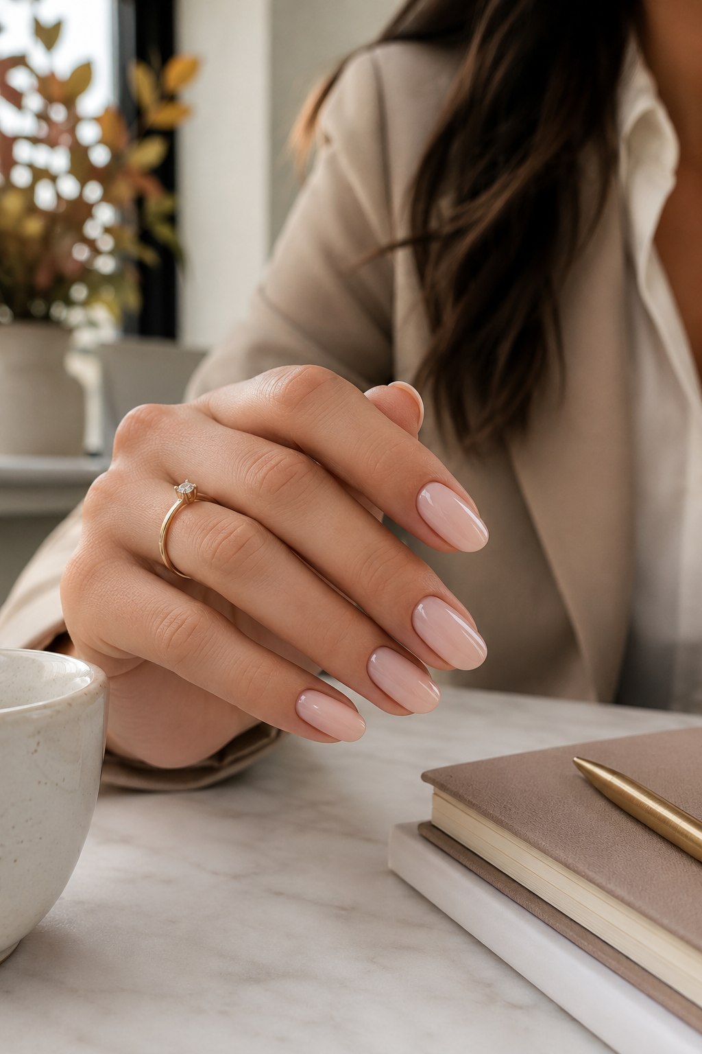 Soft blush oval nails with a glossy finish, inspired by Old Money Nails and Your Nails But Better manicures.