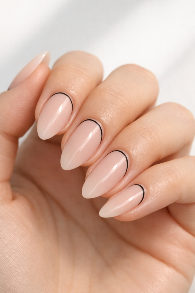 Nude almond nails with fine abstract curved line art, combining modern minimalism with refined feminine style.