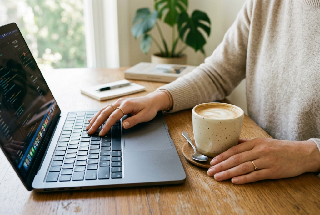 Elegant hands working at a laptop, showcasing the results of a simple and chic minimalist nail care essentials routine.